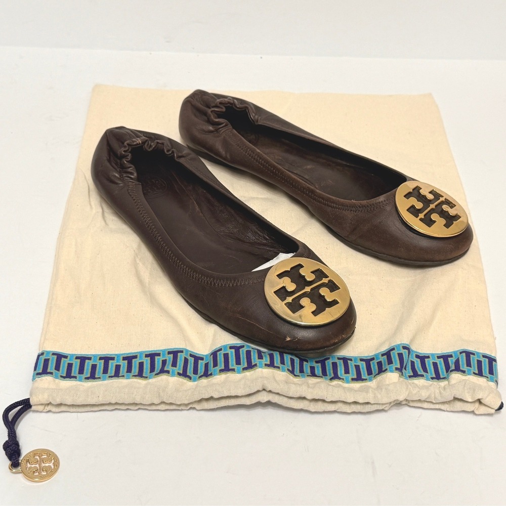 Tory Burch Reva Ballet Flats Brown Leather Gold Logo Medallion Size 9.5
